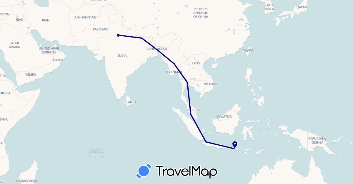 TravelMap itinerary: driving in Indonesia, India, Myanmar (Burma), Malaysia, Nepal, Thailand (Asia)